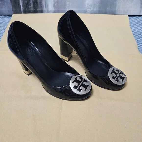 Tory Burch Black Patent Leather Block Heel Pumps with Silver Hardware - Size 6 - Picture 4 of 8